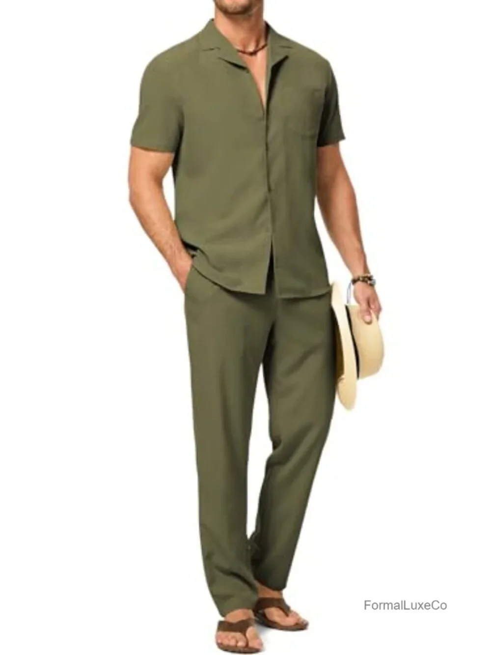 Men's 2 Piece Lounge Set Short Sleeve Shirt & Pants Vacation Outfit